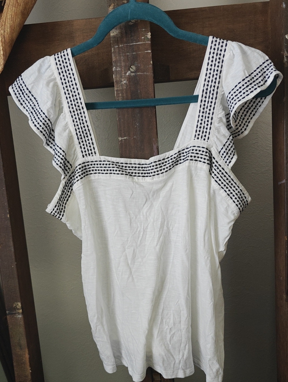 LOFT White Flutter Sleeve Embroidered Square Neck Top